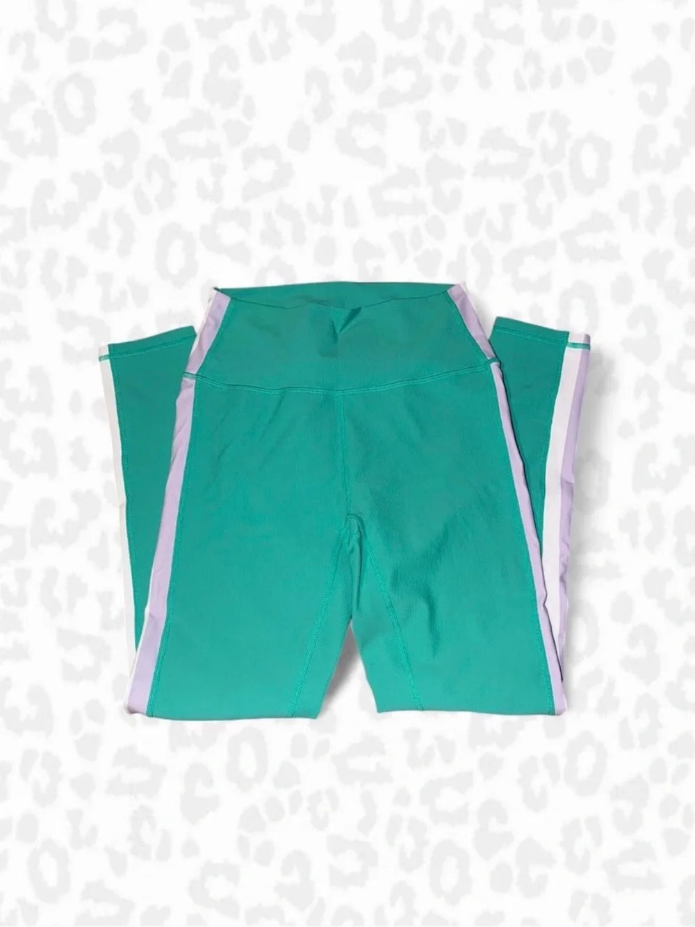 Wilo The Label Teal Active Leggings with White & Lavender Stripes, Size Medium
